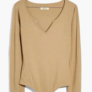 Madewell-Pointelle Split Neck Long Sleeve Thong Bodysuit-SZ M- COLOR Seed Khaki